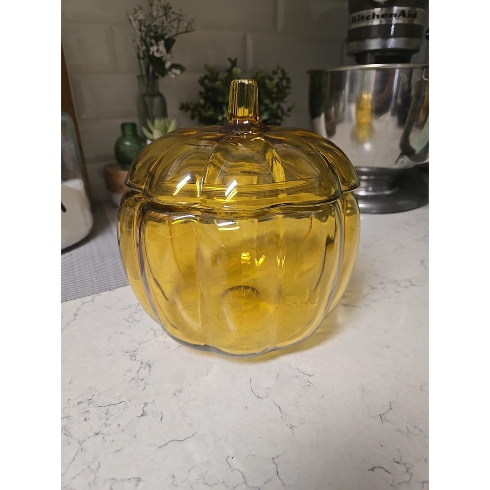 Vintage Anchor Hocking Amber Glass Pumpkin‎ Pantry Jar Cookies Candy  EUC